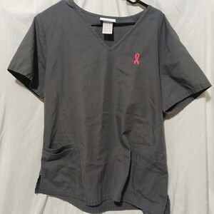 Sb scrubs set pants and shirt size L grey with brest cancer ribbon on shirt